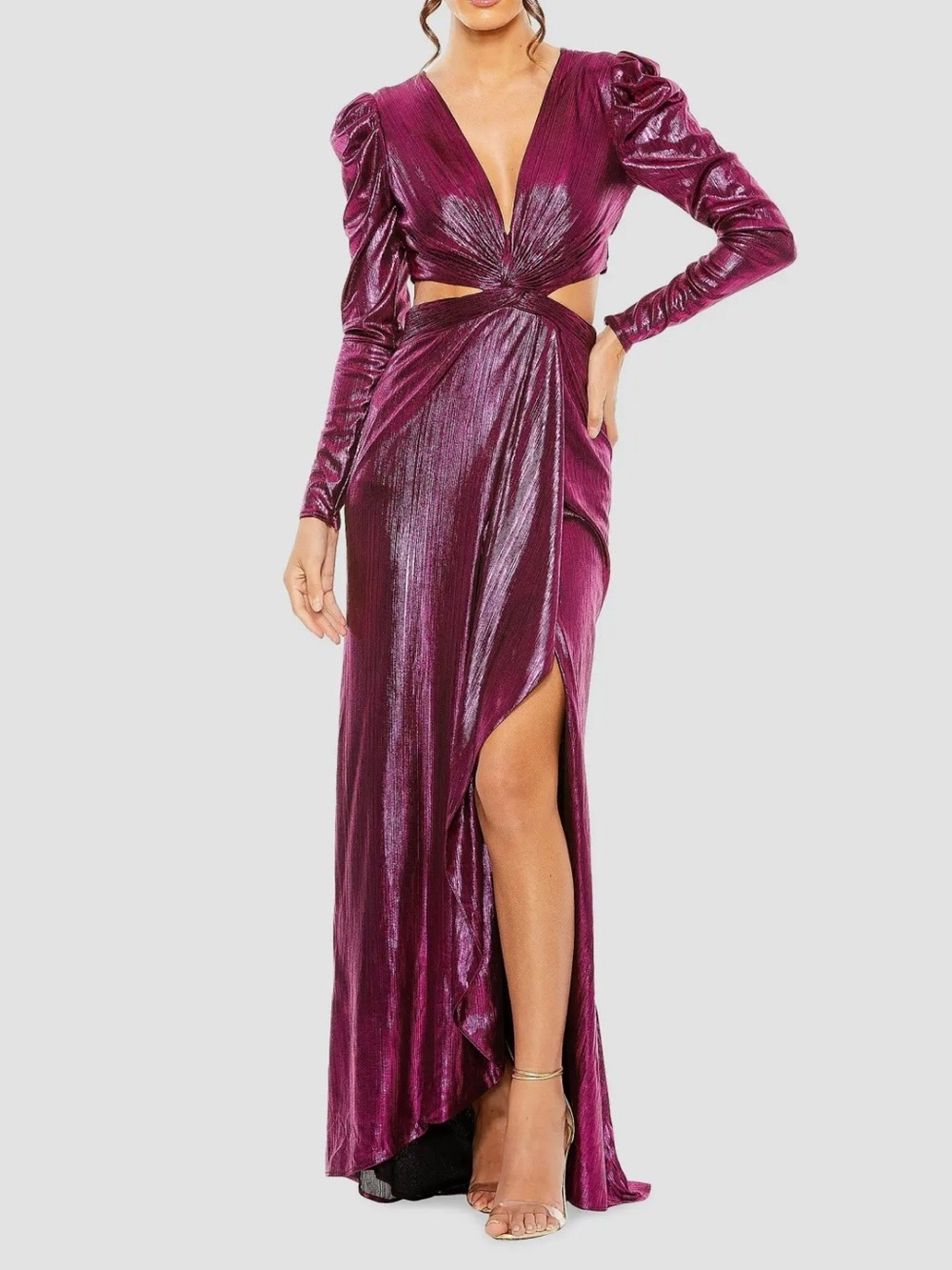 Plunging V-Neck Metallic Plum Cutout Evening Dress